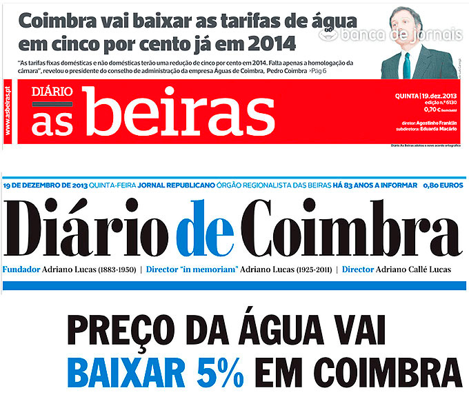 Água em Coimbra: descida de 5% é na realidade de 0,4%